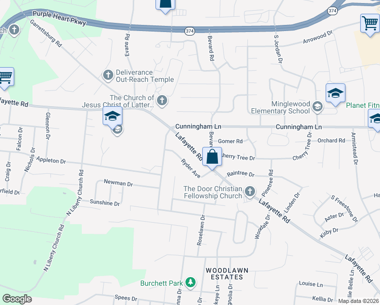 map of restaurants, bars, coffee shops, grocery stores, and more near 731 Lafayette Road in Clarksville