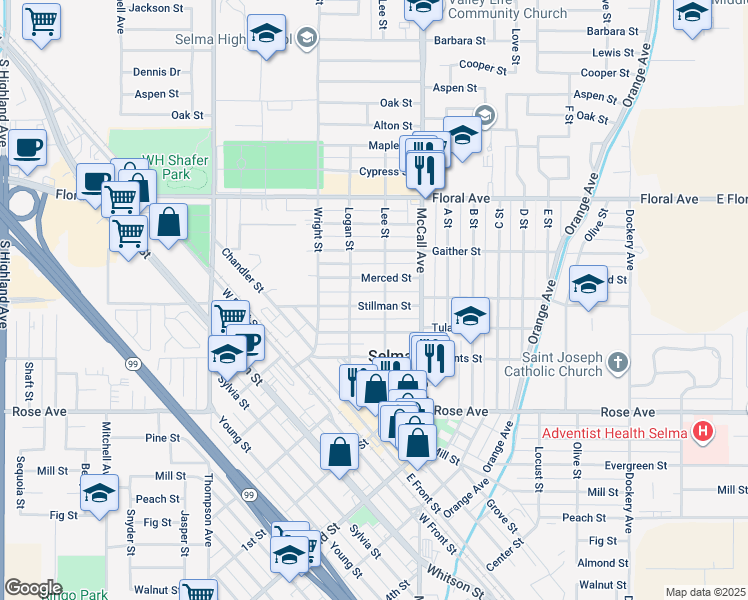 map of restaurants, bars, coffee shops, grocery stores, and more near 2131 Merced Street in Selma