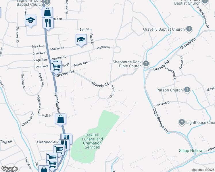 map of restaurants, bars, coffee shops, grocery stores, and more near 313 Gravely Road in Kingsport