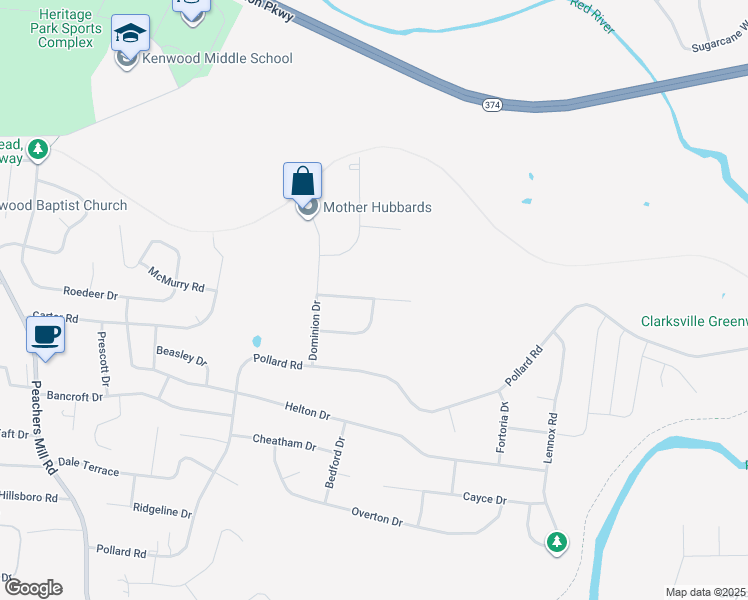 map of restaurants, bars, coffee shops, grocery stores, and more near 611 Granger Lane in Clarksville