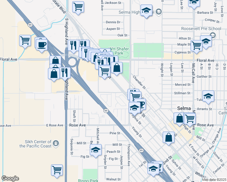 map of restaurants, bars, coffee shops, grocery stores, and more near 2572 Stillman Street in Selma