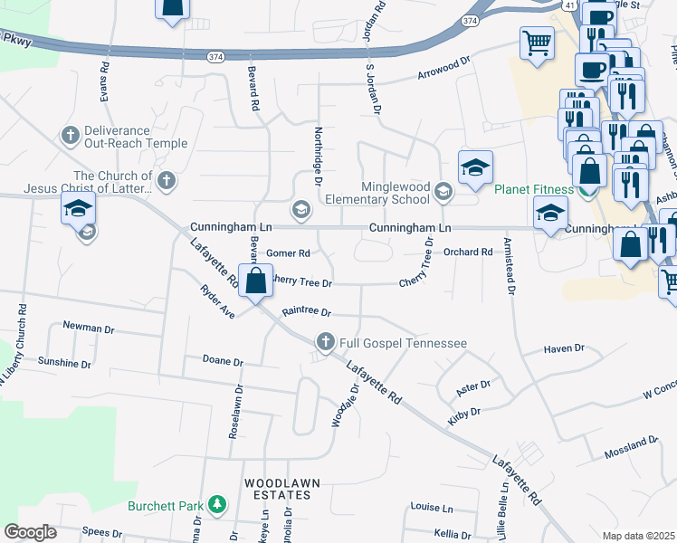 map of restaurants, bars, coffee shops, grocery stores, and more near 1581 Boxcroft Road in Clarksville