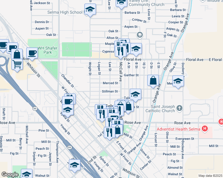 map of restaurants, bars, coffee shops, grocery stores, and more near 2021 Merced Street in Selma