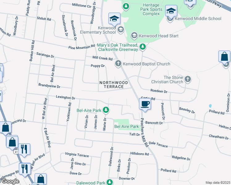 map of restaurants, bars, coffee shops, grocery stores, and more near 236 Marshall Drive in Clarksville