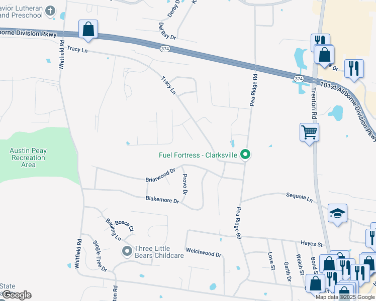map of restaurants, bars, coffee shops, grocery stores, and more near 570 Kicker Court in Clarksville