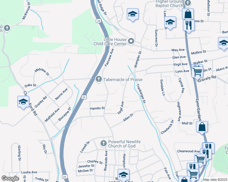 map of restaurants, bars, coffee shops, grocery stores, and more near 1940 Grandview Street in Kingsport
