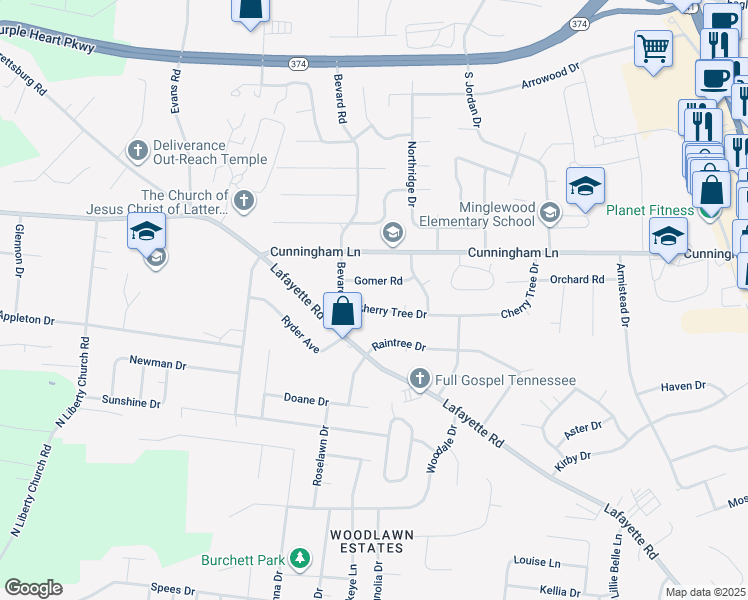 map of restaurants, bars, coffee shops, grocery stores, and more near 310 Gomer Road in Clarksville
