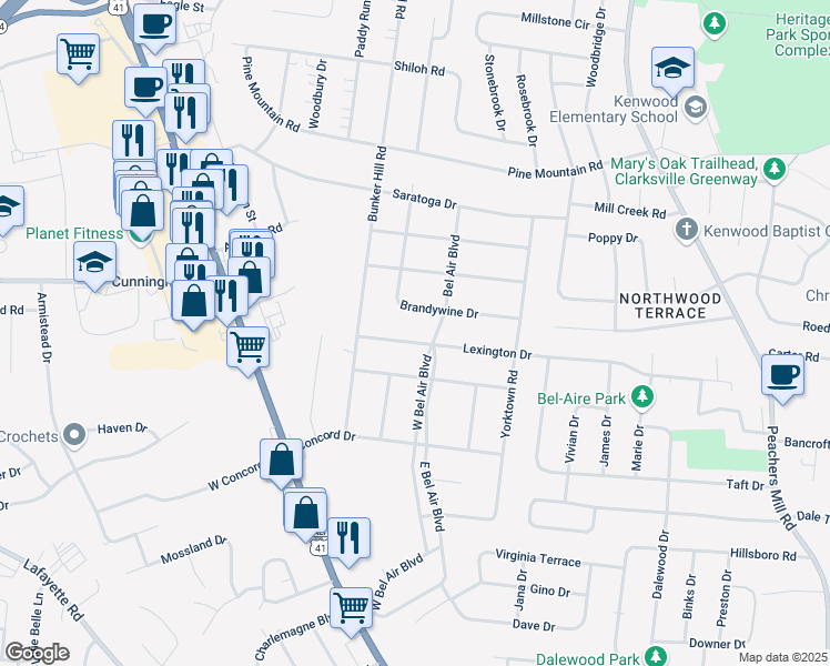 map of restaurants, bars, coffee shops, grocery stores, and more near 9 Lexington Drive in Clarksville