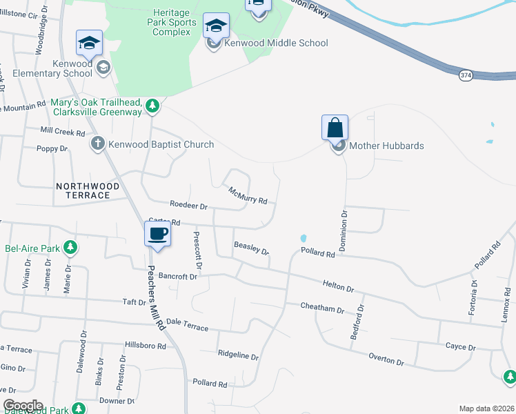 map of restaurants, bars, coffee shops, grocery stores, and more near 424 McMurry Road in Clarksville