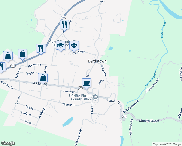 map of restaurants, bars, coffee shops, grocery stores, and more near 210 North Main Street in Byrdstown