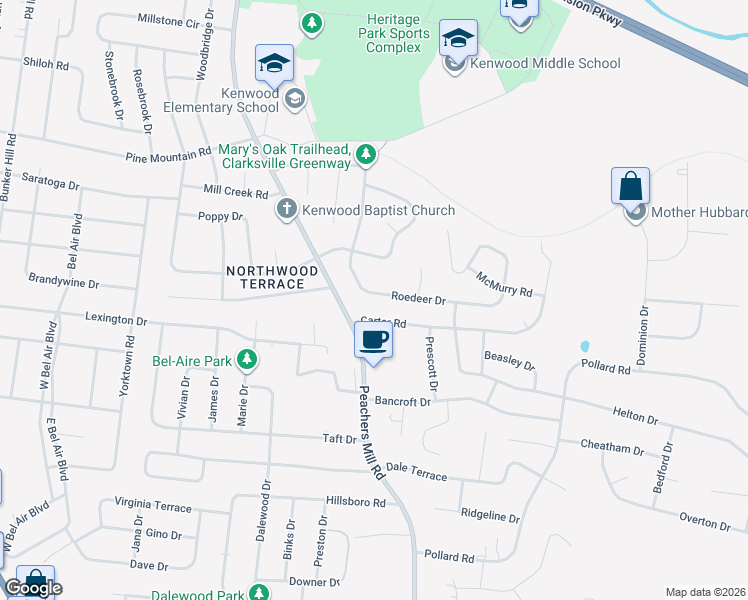 map of restaurants, bars, coffee shops, grocery stores, and more near 1010 Roedeer Drive in Clarksville