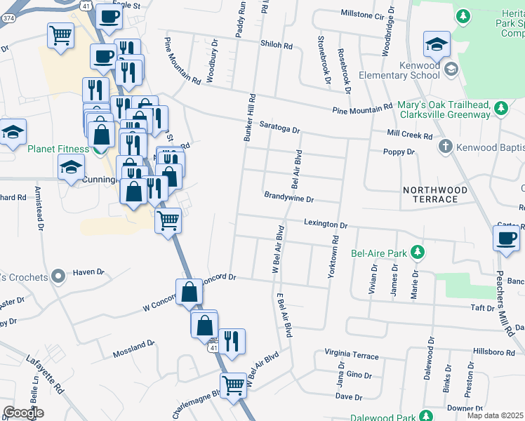 map of restaurants, bars, coffee shops, grocery stores, and more near 9 Lexington Drive in Clarksville