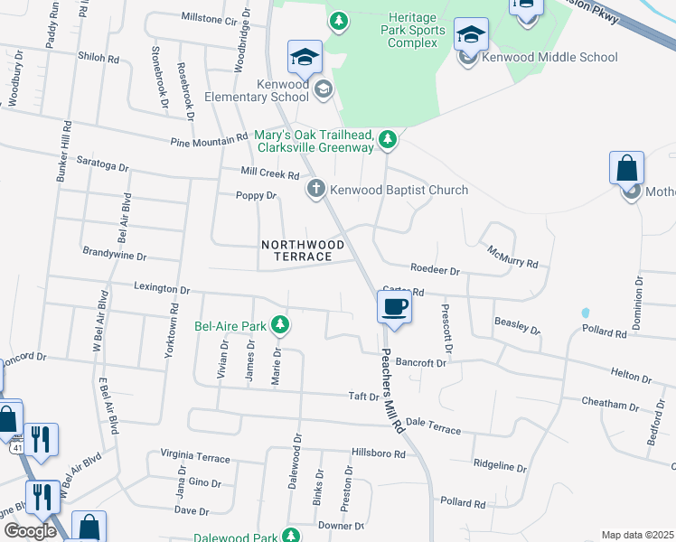 map of restaurants, bars, coffee shops, grocery stores, and more near 244 Marshall Drive in Clarksville