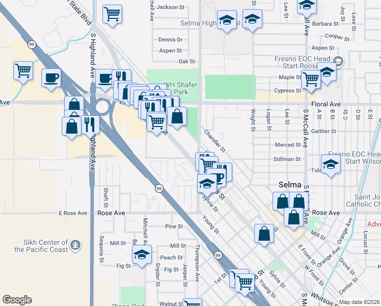 map of restaurants, bars, coffee shops, grocery stores, and more near 2510 Whitson Street in Selma