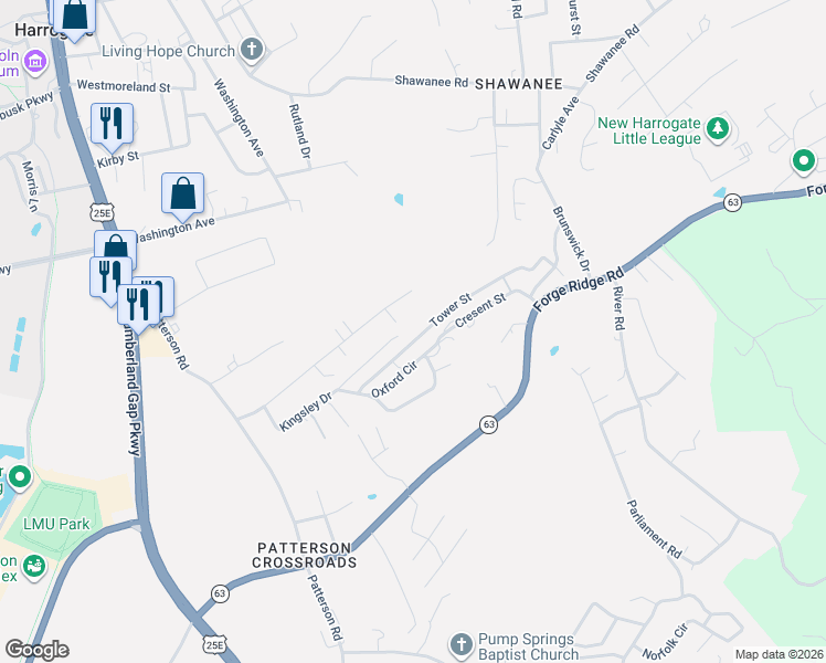 map of restaurants, bars, coffee shops, grocery stores, and more near 203 Tower St in Harrogate
