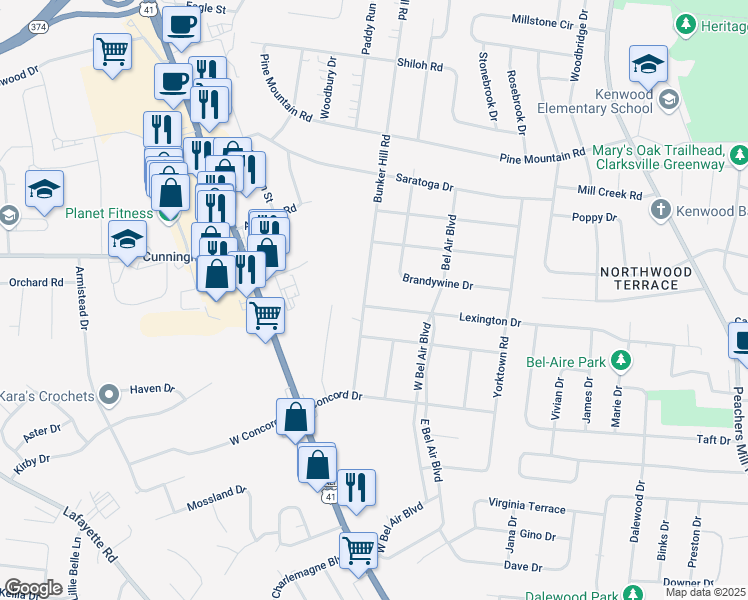 map of restaurants, bars, coffee shops, grocery stores, and more near 3 Lexington Drive in Clarksville