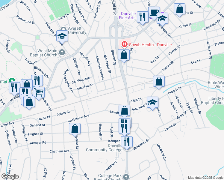 map of restaurants, bars, coffee shops, grocery stores, and more near 333 Montague Street in Danville