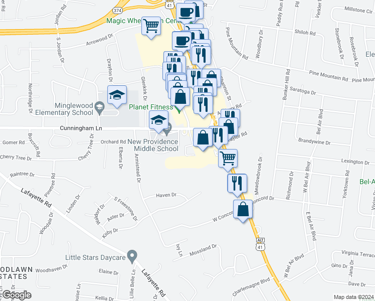 map of restaurants, bars, coffee shops, grocery stores, and more near 100 Northway Drive in Clarksville