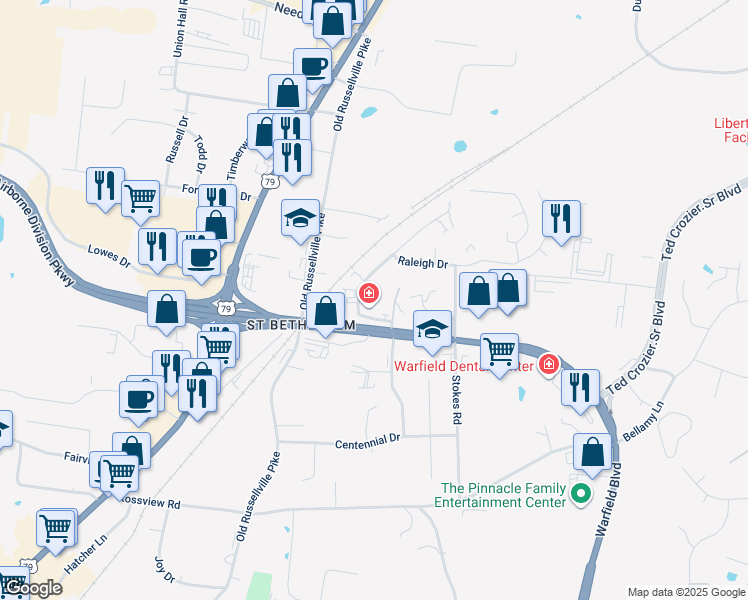 map of restaurants, bars, coffee shops, grocery stores, and more near 2291 Raleigh Court in Clarksville