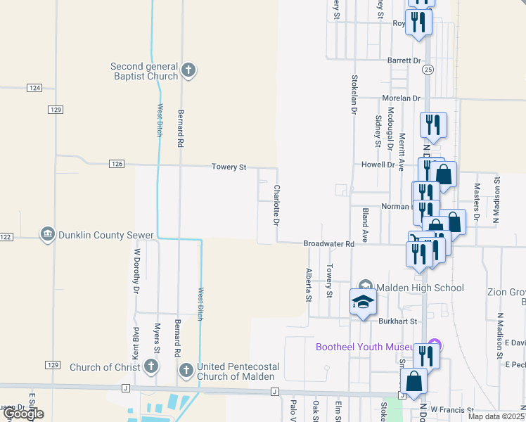 map of restaurants, bars, coffee shops, grocery stores, and more near 1112 Benton Street in Malden