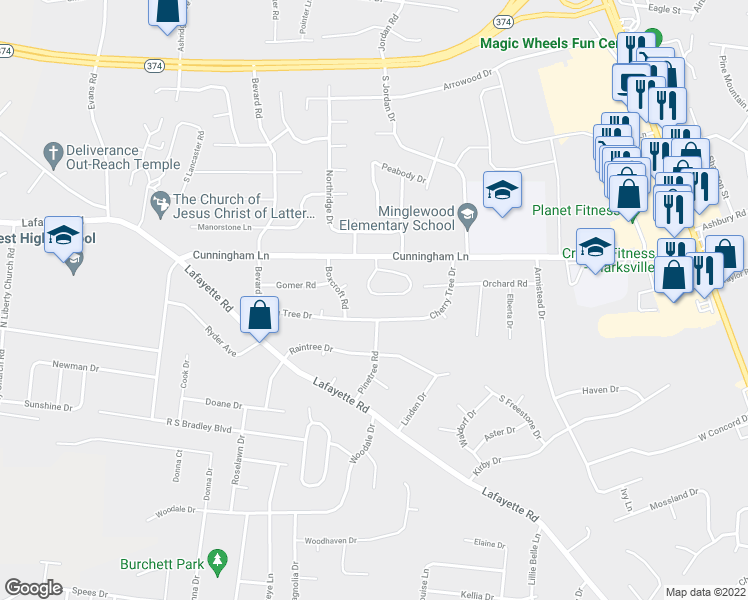 map of restaurants, bars, coffee shops, grocery stores, and more near 116 Cunningham Place in Clarksville