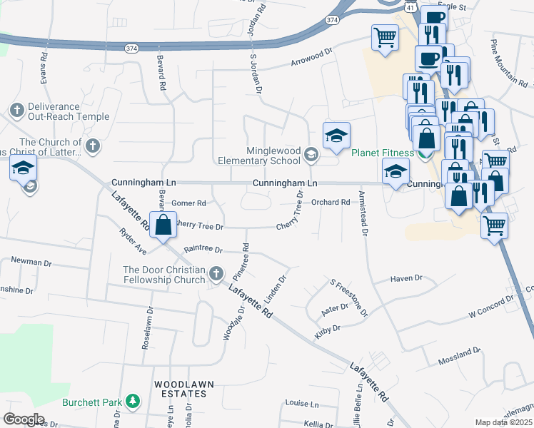 map of restaurants, bars, coffee shops, grocery stores, and more near 128 Cunningham Pl in Clarksville
