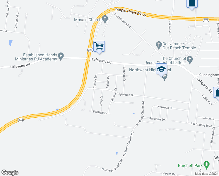 map of restaurants, bars, coffee shops, grocery stores, and more near 1501 Falcon Drive in Clarksville