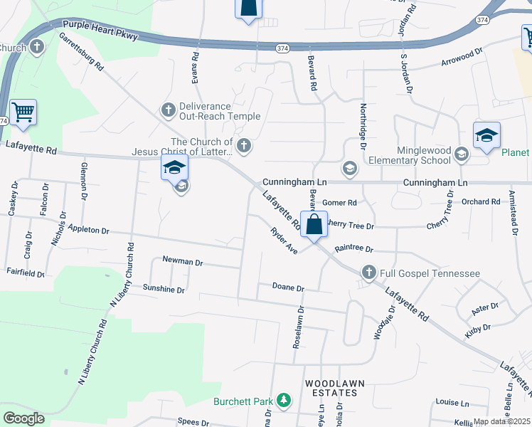 map of restaurants, bars, coffee shops, grocery stores, and more near 375 Ryder Avenue in Clarksville