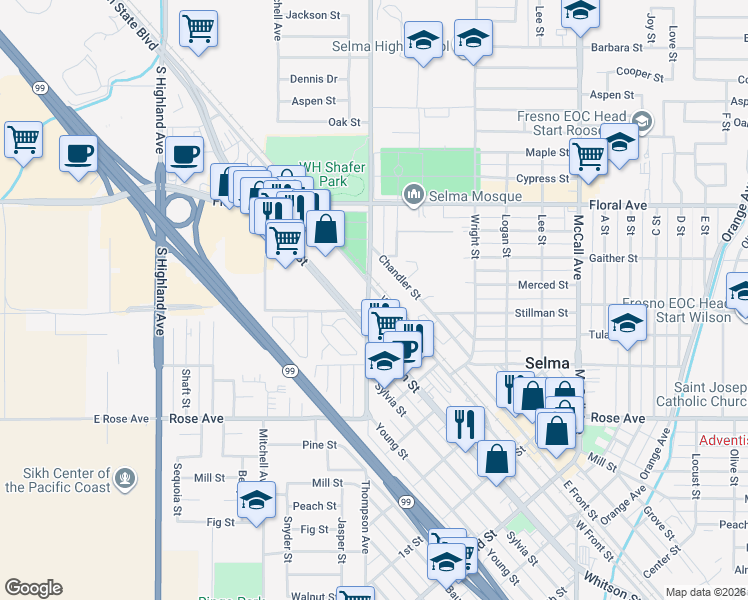 map of restaurants, bars, coffee shops, grocery stores, and more near 2399 West Front Street in Selma