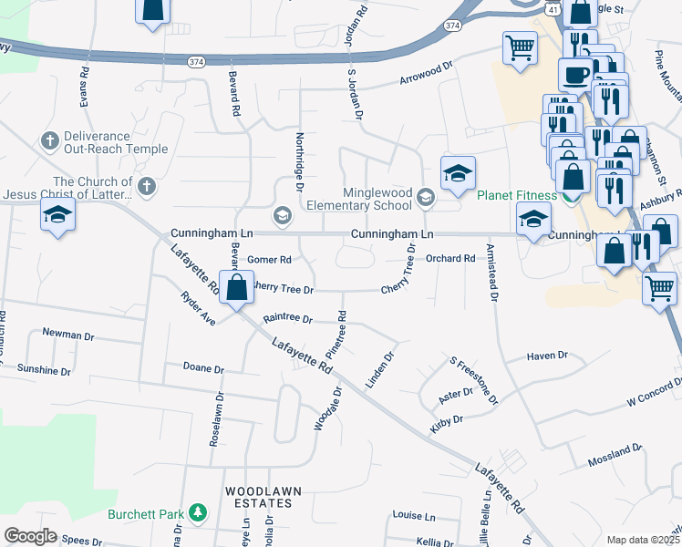 map of restaurants, bars, coffee shops, grocery stores, and more near 118 Cunningham Place in Clarksville
