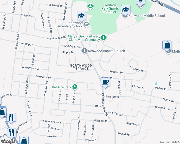 map of restaurants, bars, coffee shops, grocery stores, and more near 244 Marshall Drive in Clarksville