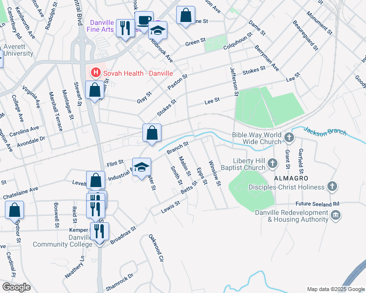 map of restaurants, bars, coffee shops, grocery stores, and more near 100 Epps Street in Danville