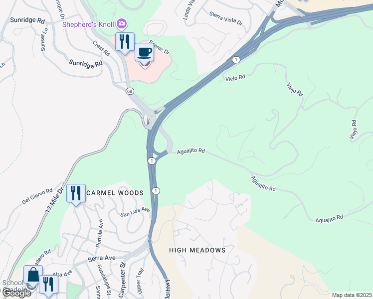 map of restaurants, bars, coffee shops, grocery stores, and more near 490 Aguajito Road in Carmel-by-the-Sea