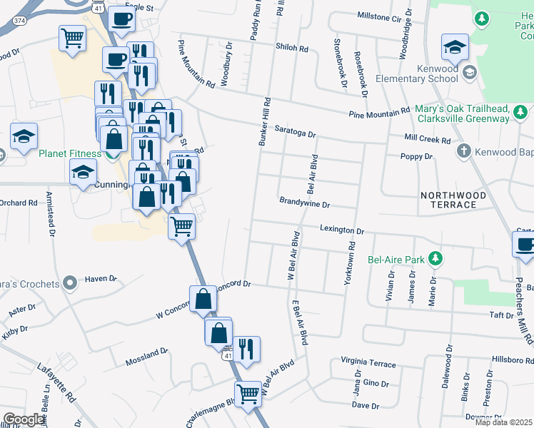 map of restaurants, bars, coffee shops, grocery stores, and more near 9 Lexington Drive in Clarksville