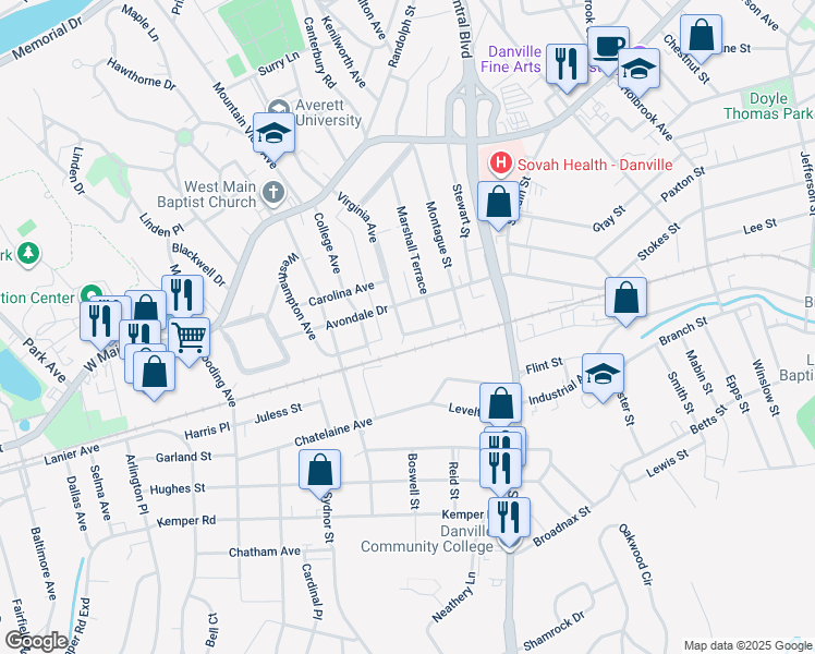 map of restaurants, bars, coffee shops, grocery stores, and more near 337 Virginia Avenue in Danville