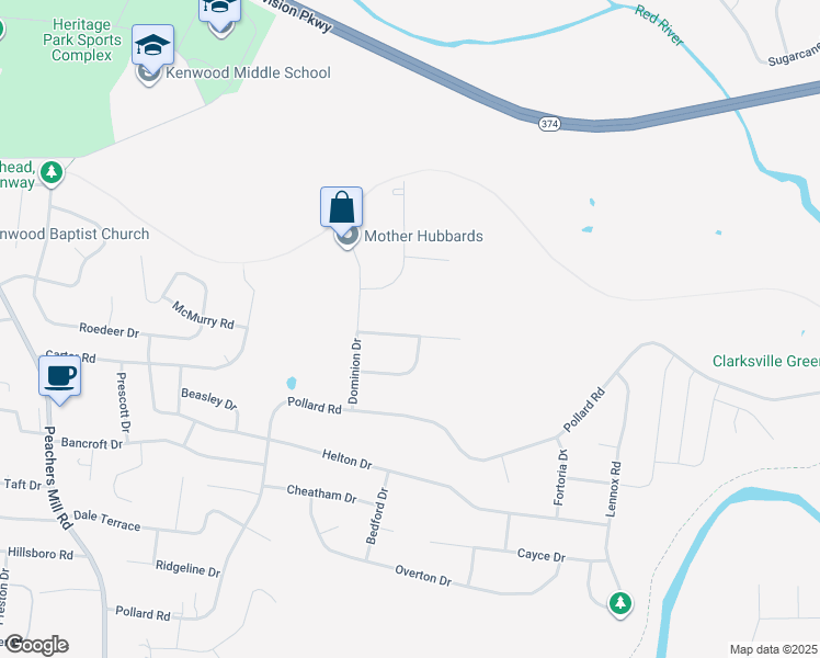 map of restaurants, bars, coffee shops, grocery stores, and more near 611 Granger Lane in Clarksville