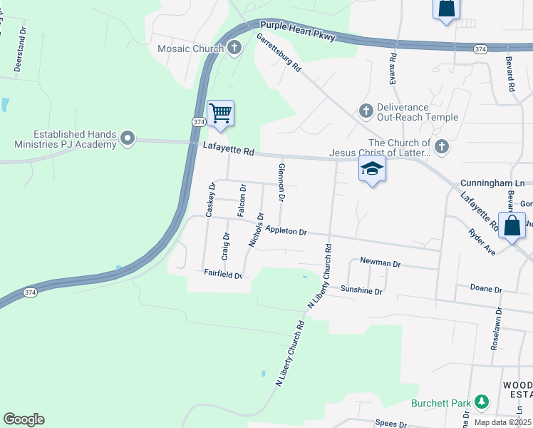map of restaurants, bars, coffee shops, grocery stores, and more near 1503 Nichols Drive in Clarksville