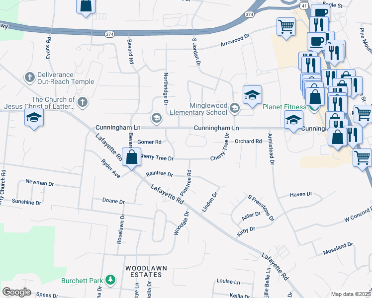 map of restaurants, bars, coffee shops, grocery stores, and more near 116 Cunningham Place in Clarksville