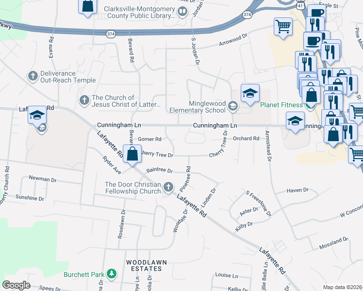 map of restaurants, bars, coffee shops, grocery stores, and more near 116 Cunningham Place in Clarksville