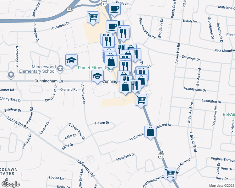 map of restaurants, bars, coffee shops, grocery stores, and more near 100 Northway Drive in Clarksville