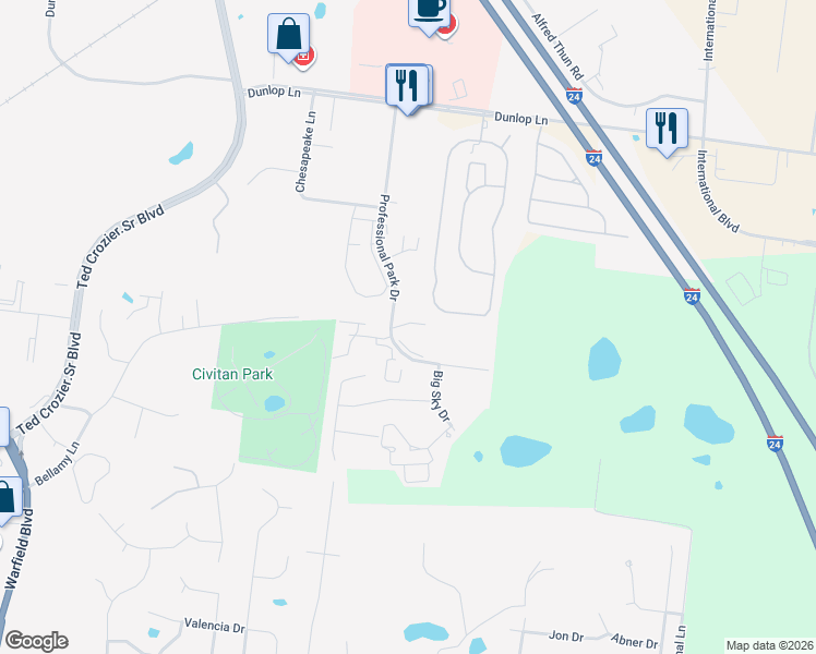 map of restaurants, bars, coffee shops, grocery stores, and more near 871 Professional Park Drive in Clarksville