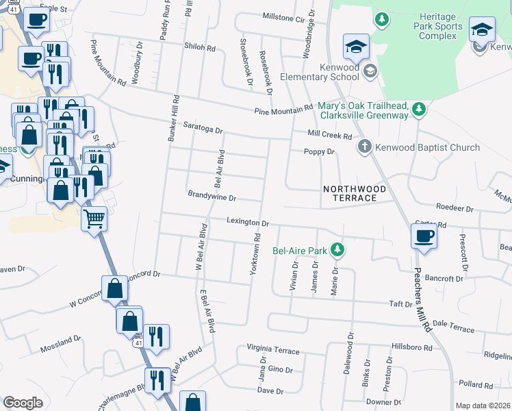 map of restaurants, bars, coffee shops, grocery stores, and more near 132 Brandywine Drive in Clarksville