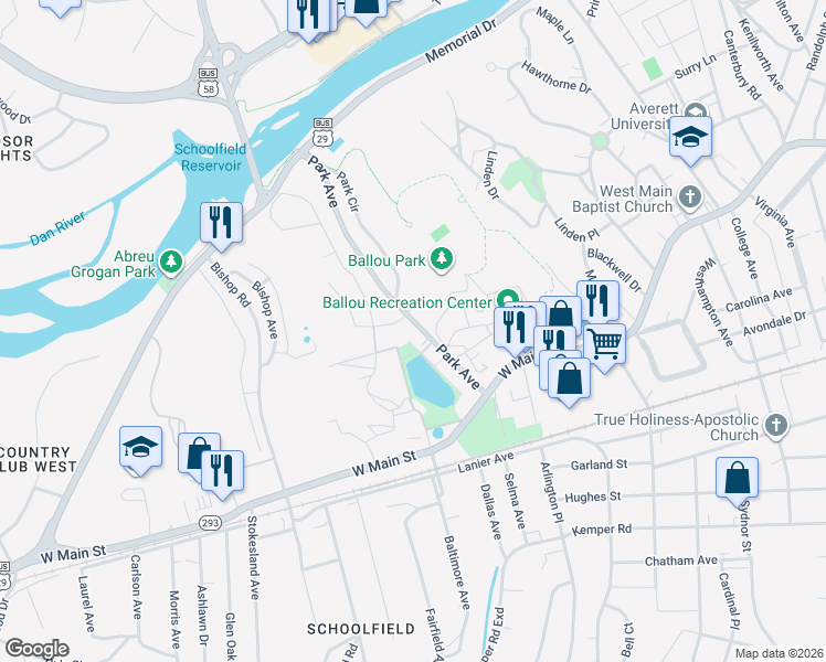 map of restaurants, bars, coffee shops, grocery stores, and more near 160 Park Avenue in Danville