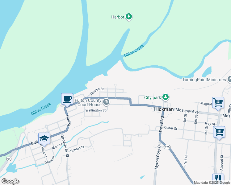 map of restaurants, bars, coffee shops, grocery stores, and more near Kentucky Street in Hickman