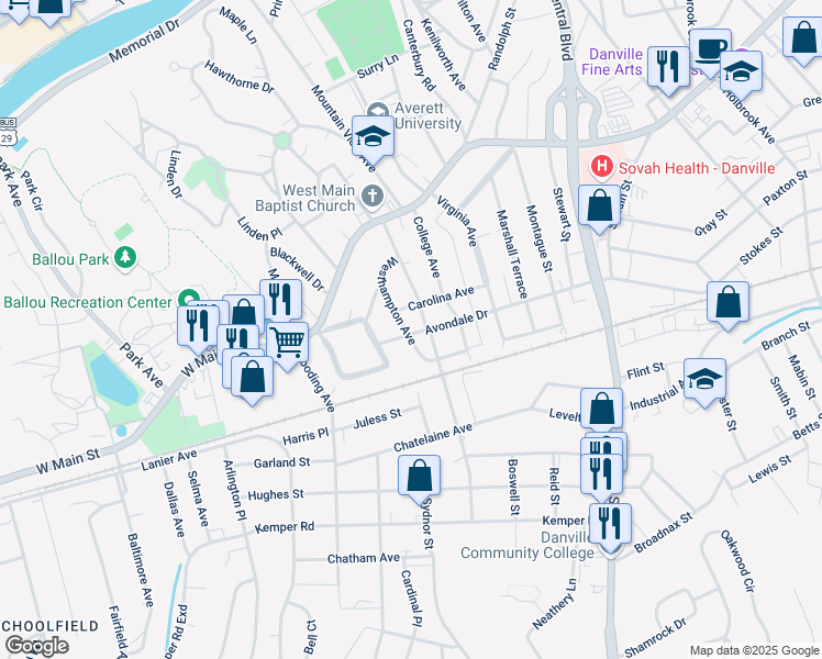map of restaurants, bars, coffee shops, grocery stores, and more near 472 Avondale Drive in Danville