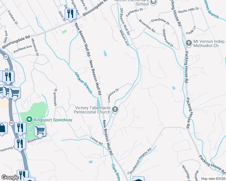 map of restaurants, bars, coffee shops, grocery stores, and more near 3040 Lowrance Drive in Kingsport