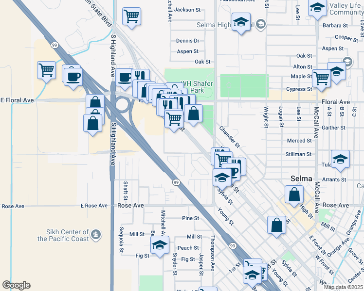 map of restaurants, bars, coffee shops, grocery stores, and more near 2572 Stillman Street in Selma