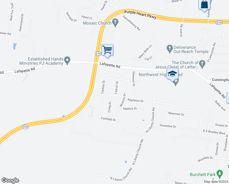 map of restaurants, bars, coffee shops, grocery stores, and more near 1501 Falcon Drive in Clarksville