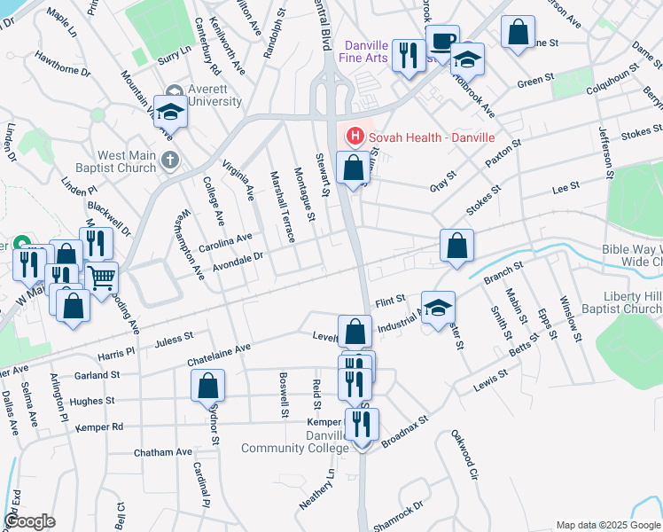 map of restaurants, bars, coffee shops, grocery stores, and more near 333 Montague Street in Danville