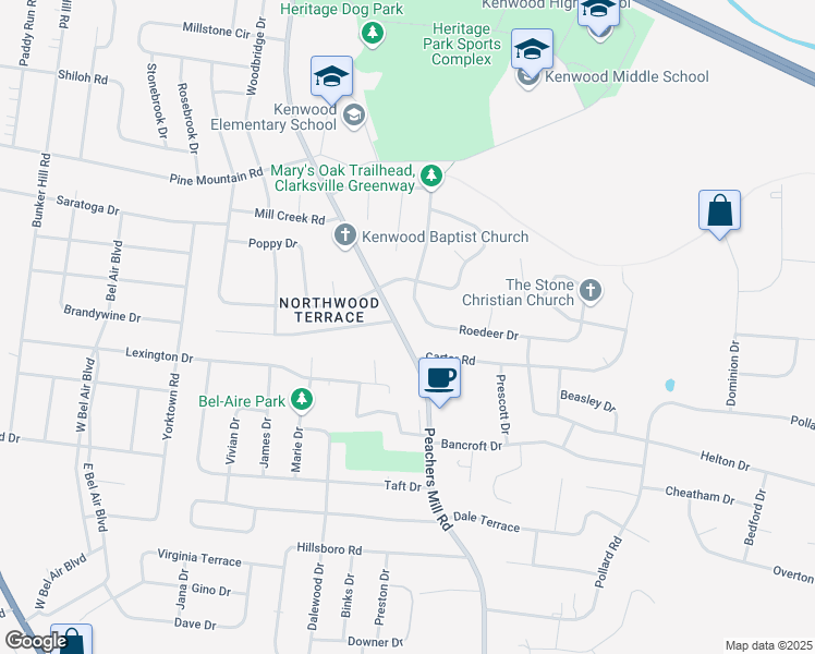 map of restaurants, bars, coffee shops, grocery stores, and more near 913 Peachers Mill Road in Clarksville